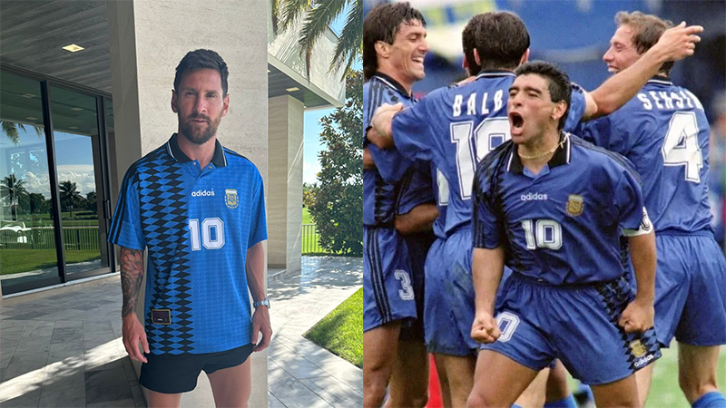Así posó Messi con la nueva camiseta retro de la Selección Argentina, que  fue inspirada en el Mundial 94