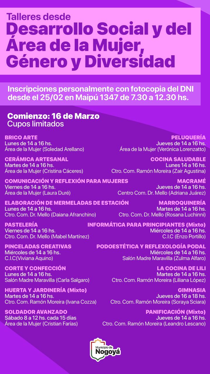 Inscripciones para los Talleres de Desarrollo Social y El Área de la Mujer, Género y Diversidad