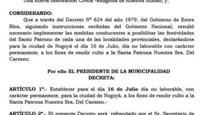 Se estableció como Día No Laborable el 16 de Julio