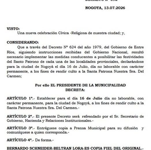 Se estableció como Día No Laborable el 16 de Julio
