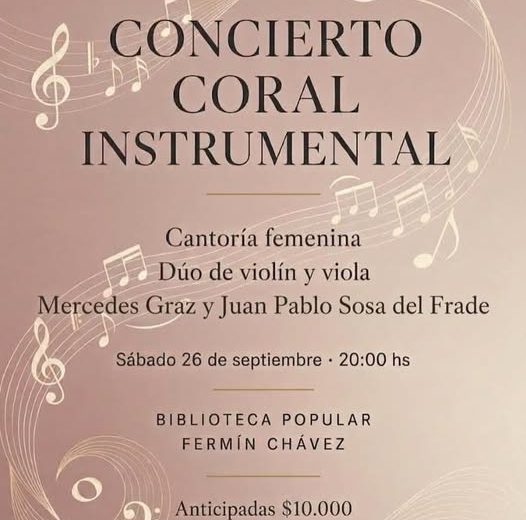 Se realizará un Concierto Coral Instrumental en la Biblioteca Popular