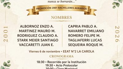 Bodas de Plata Promoción 2001 “Bachilleres Agrarios” Escuela Agrotécnica N°2 “La Carola”